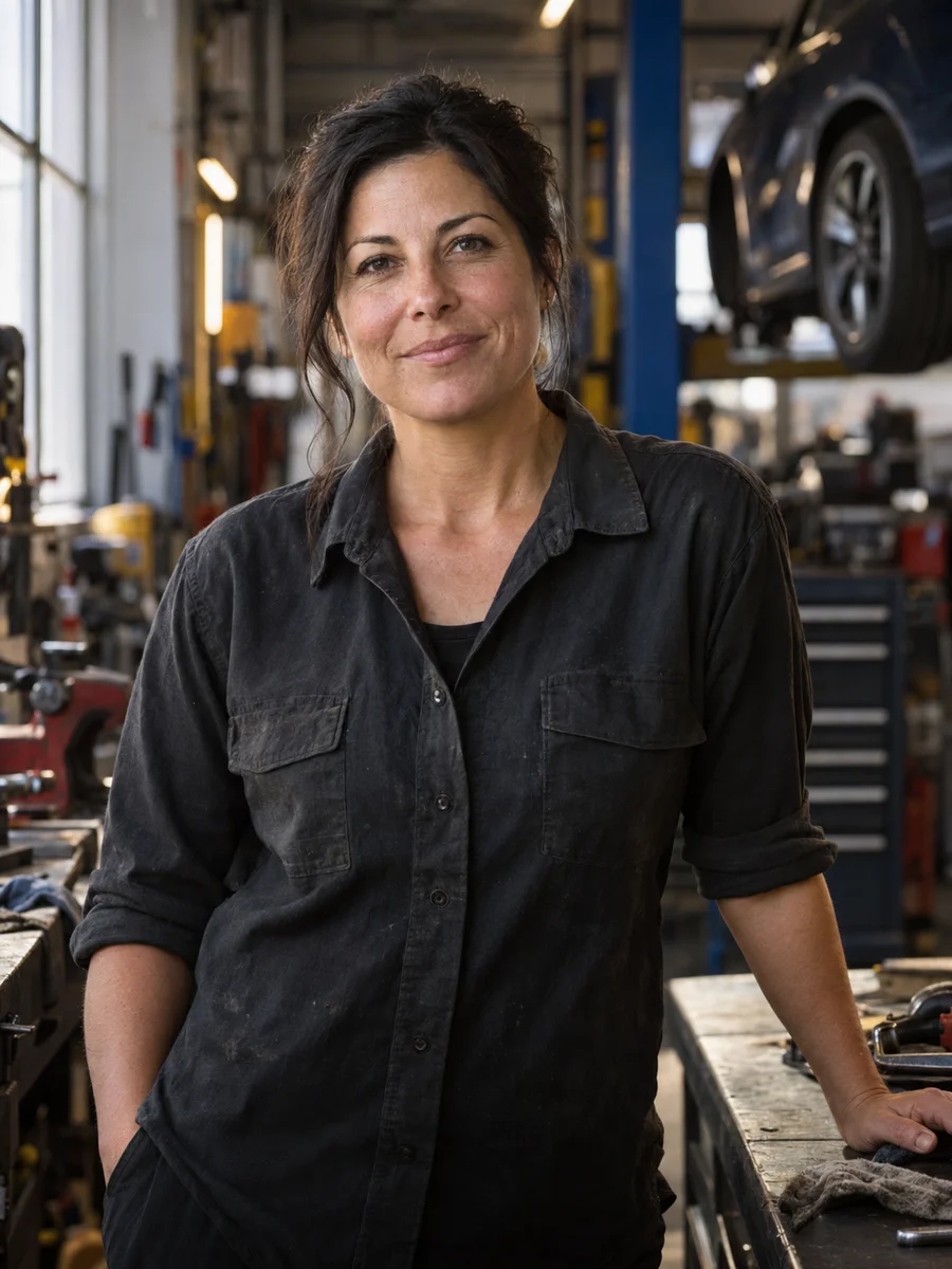Illustrative AI-generated portrait of a shop owner beside her workshop