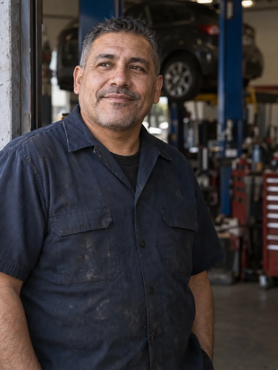 Illustrative AI-generated portrait of a mechanic at his neighborhood repair shop