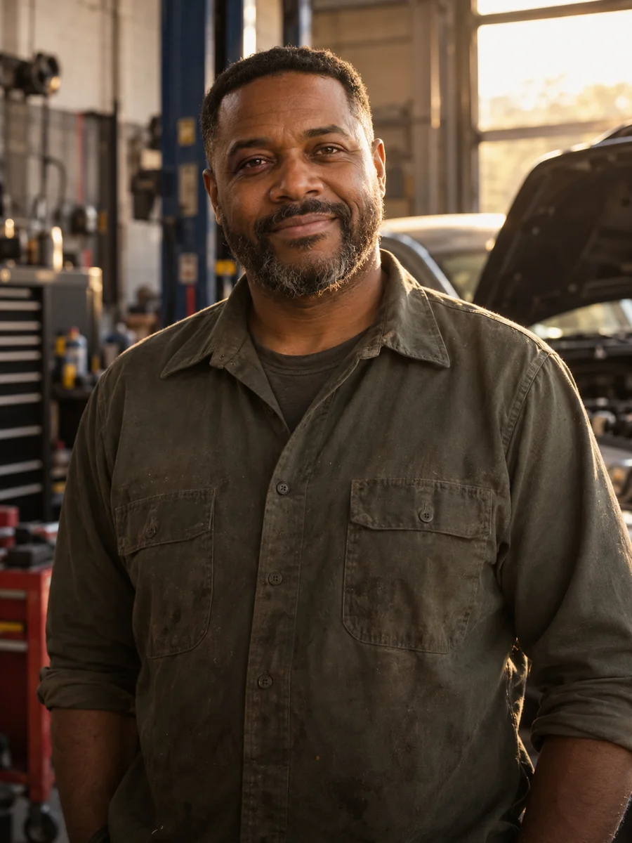 Illustrative AI-generated portrait of a mechanic in an open repair bay