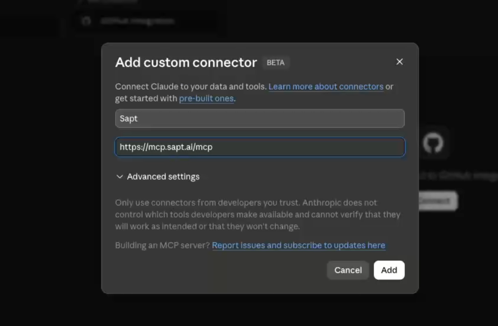 Add Sapt as a custom connector